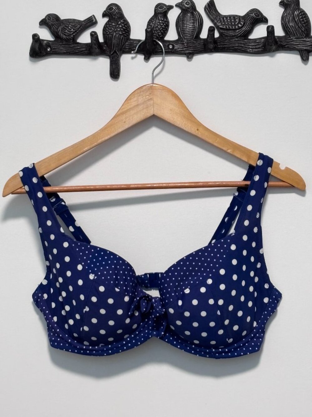 34 G - Swim - Navy Polka Dot Underwire Bikini Top - Convertible Halter Strap